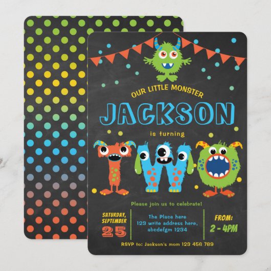 Invitation 2e anniversaire mignon petit monstre de fête table (Devant / Derrière)