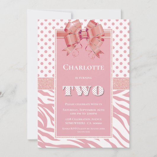 Invitation 2e anniversaire Pink Polka Dot et Zebra Stripe Par (Devant)
