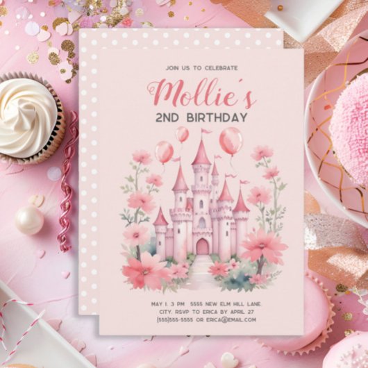 Invitation 2e anniversaire Pink Princess Castle Balloons