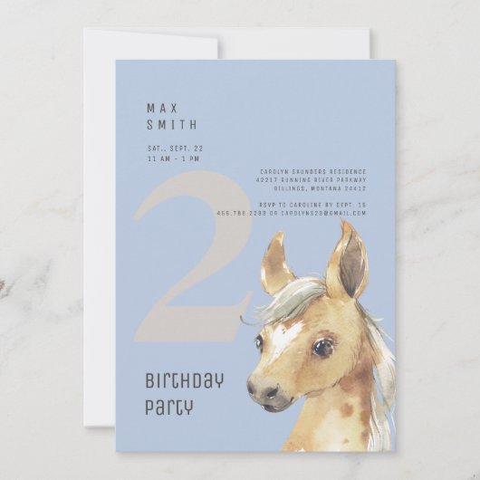 Invitation 2e anniversaire Pony Blue fête d'anniversaire (Devant)