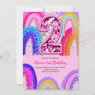 Invitation 2e anniversaire Rainbow Pink Party