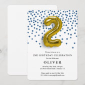 Invitation 2e anniversaire Royal Blue Confetti et Gold Balloo (Devant / Derrière)