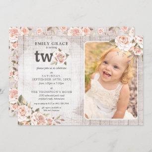 Invitation 2e anniversaire Rustic Wood Shabby Chic Roses Phot