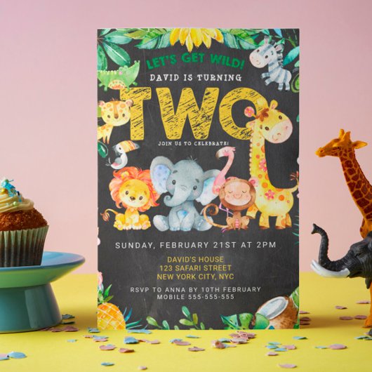 Invitation 2e anniversaire Safari Jungle Chalkboard Cute Kids