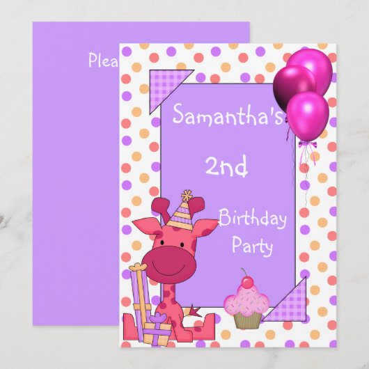 Invitation 2e Anniversaire Spots Giraffe Cupcake Balloons Mau (Devant / Derrière)