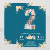 Invitation 2e anniversaire Turquoise Fleur photo Collage bleu (Devant / Derrière)