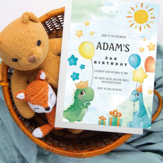 Invitation 2ème anniversaire Aquarelle Dinosaures Thème