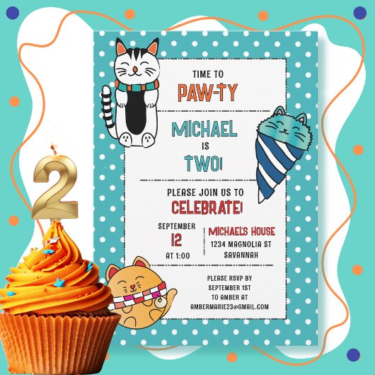 Invitation 2ème anniversaire Cartoon de chat Cute Kitten Kids