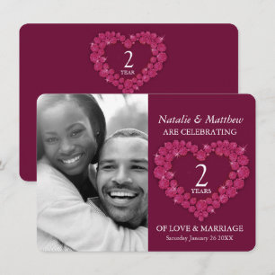 Invitation 2ème anniversaire de mariage photo grenat rouge 
