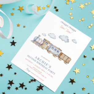 Invitation 2ème Boy Birthday Party Train Watercolor DEUX