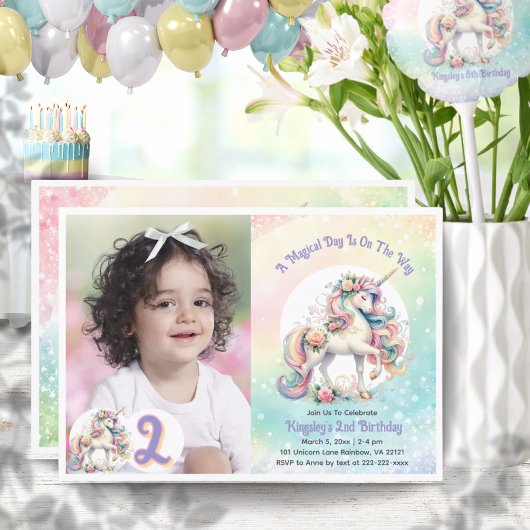 Invitation 2ème Unicorn Anniversaire Party Pastel Rainbow