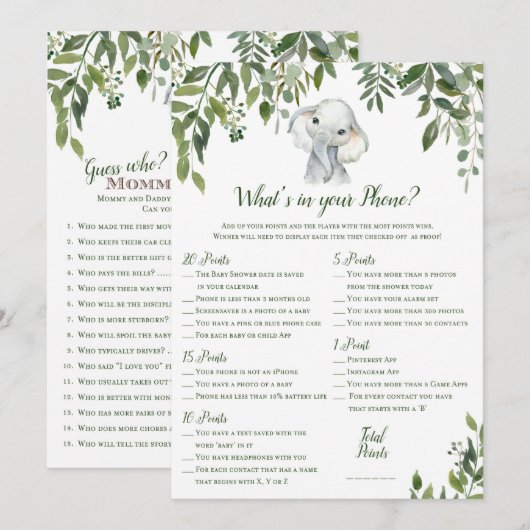 Invitation 2x Jeux Eléphant Baby shower 5x7" Taille (Devant / Derrière)