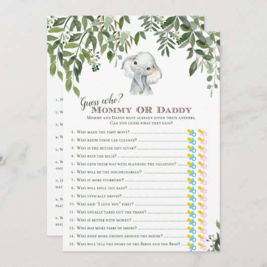 Invitation 2x Jeux Eléphant Baby shower 5x7" Taille (Devant / Derrière)