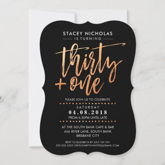 Invitation 30+1 MAIN LETTERED SCRIPT tendance cuivre noir (Devant)