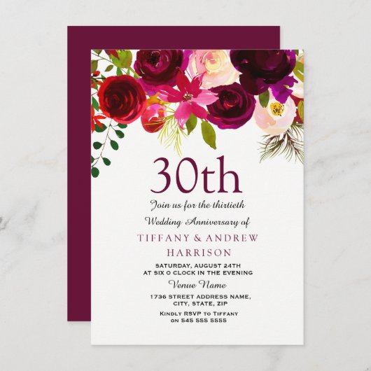 Invitation 30 ans de mariage Fleurs bordeaux (Devant / Derrière)