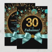 Invitation 30 ans femme bleu sarcelle et doré pail (Devant / Derrière)