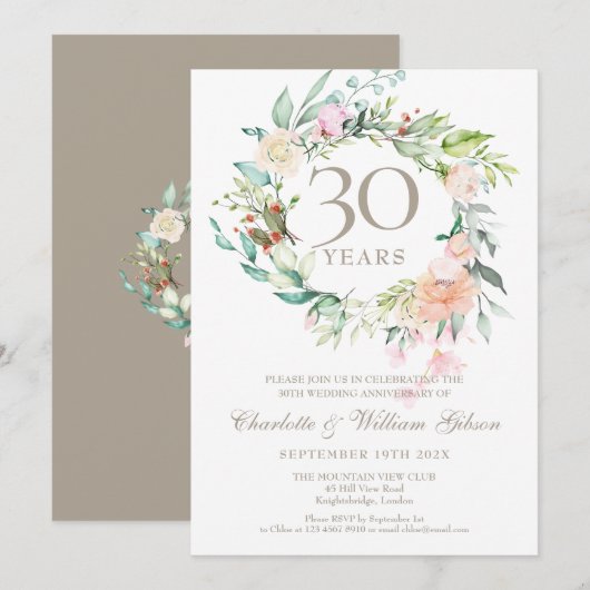 Invitation 30 ans Roses de mariage de perle de verdure (Devant / Derrière)