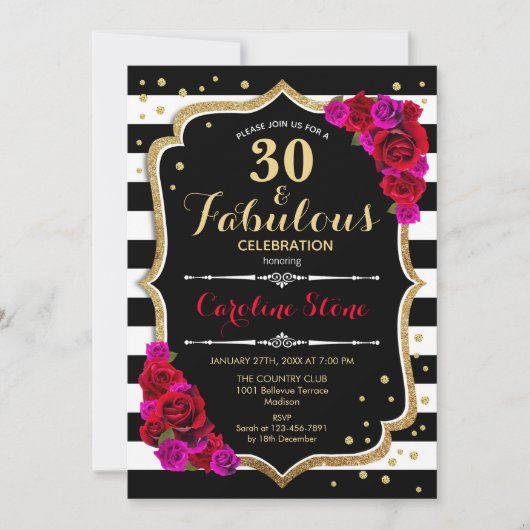 Invitation 30 Fabuleux anniversaire - Black White Stripes Ros (Devant)