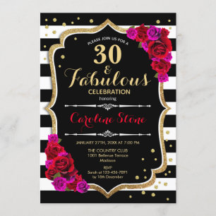 Invitation 30 Fabuleux anniversaire - Black White Stripes Ros