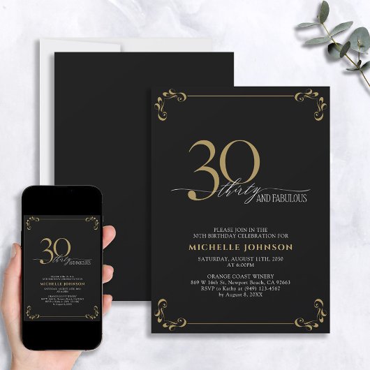 Invitation 30 & Fabuleux Black & Gold Calligraphy Anniversair
