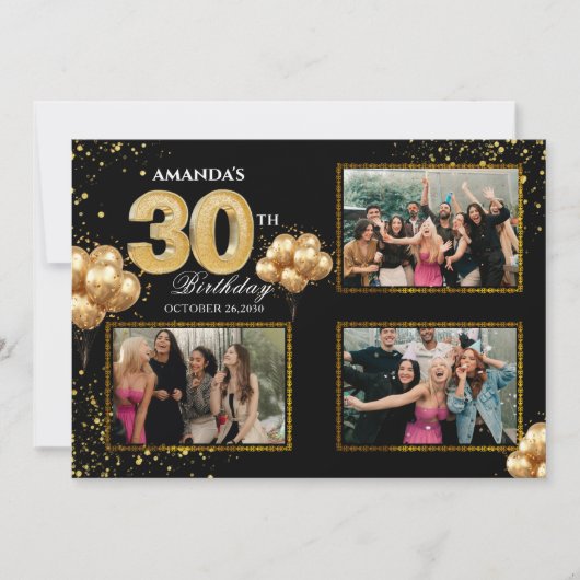 Invitation 30 th Birthday Gold Silver Black Balloons (Devant)