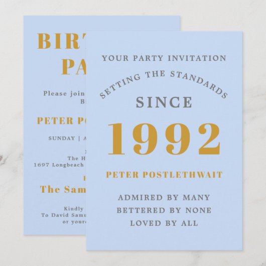Invitation 30e anniversaire 1992 Blue Gold Elegant Chic (Devant / Derrière)