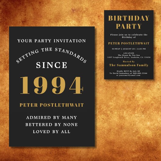 Invitation 30e anniversaire 1994 Black Gold Elegant Chic