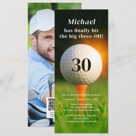 Invitation 30e anniversaire Adult Party Golf Photo QR Code (Devant / Derrière)