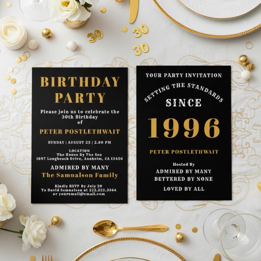 Invitation 30e anniversaire Ajouter un nom 1996 Noir Or Pour