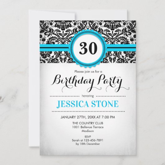 Invitation 30e anniversaire - Aqua Bleu Noir Blanc Damas (Devant)