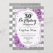 Invitation 30e anniversaire - Argent blanc rayures Roses viol (Devant / Derrière)