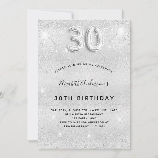 Invitation 30e anniversaire argent parties scintillant glamou (Devant)