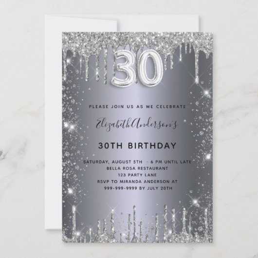 Invitation 30e anniversaire argent parties scintillant goutte (Devant)