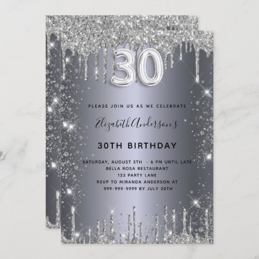 Invitation 30e anniversaire argent parties scintillant goutte (Devant / Derrière)