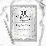 Invitation 30e anniversaire - Argent rayures Roses blanches<br><div class="desc">Invitation du 30e anniversaire. Design floral élégant en argent et blanc. Comprend des bandes d'argent faux parties scintillant,  des roses blanches police de script et confetti. Parfait pour une fête d'anniversaire glam.</div>