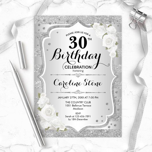 Invitation 30e anniversaire - Argent rayures Roses blanches