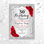 Invitation 30e anniversaire - Argent rayures Roses rouges