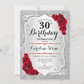 Invitation 30e anniversaire - Argent rayures Roses rouges (Devant)