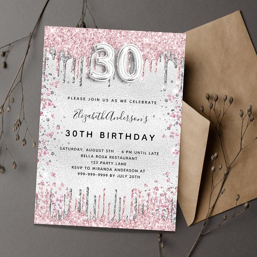 Invitation 30e anniversaire argent rose parties scintillant g
