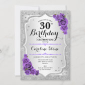 Invitation 30e anniversaire - Argent Stripes Roses violets (Devant)