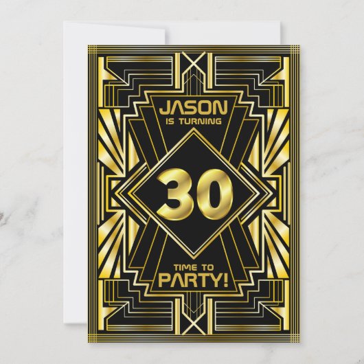Invitation 30e anniversaire Art Déco Gold Black Great Gatsby (Devant)