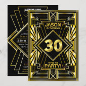 Invitation 30e anniversaire Art Déco Gold Black Great Gatsby (Devant / Derrière)