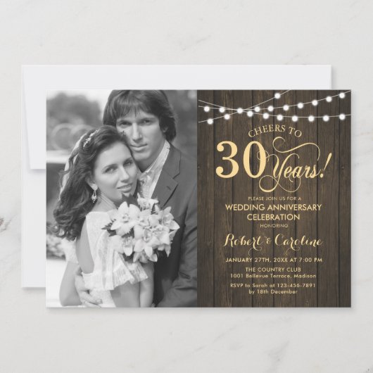 Invitation 30e anniversaire avec photo - Bois rustique or (Devant)