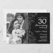 Invitation 30e anniversaire avec photo - Floral noir et blanc (Devant)