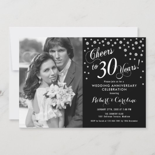 Invitation 30e anniversaire avec photo - Noir blanc argenté (Devant)