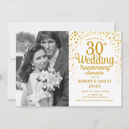 Invitation 30e anniversaire avec photo - Or blanc (Devant)