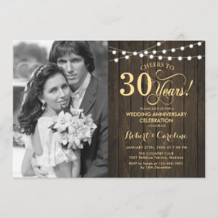 Invitation 30e anniversaire avec photo - Rustic Wood Gold