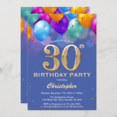 Invitation 30e anniversaire Ballons bleus et dorés (Devant / Derrière)