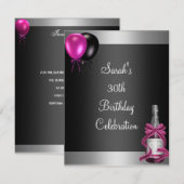 Invitation 30e Anniversaire Ballons Champagne Argent Rose (Devant / Derrière)