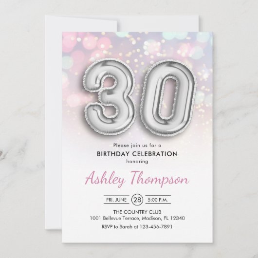 Invitation 30e anniversaire - Ballons d'argent Lumières rose (Devant)